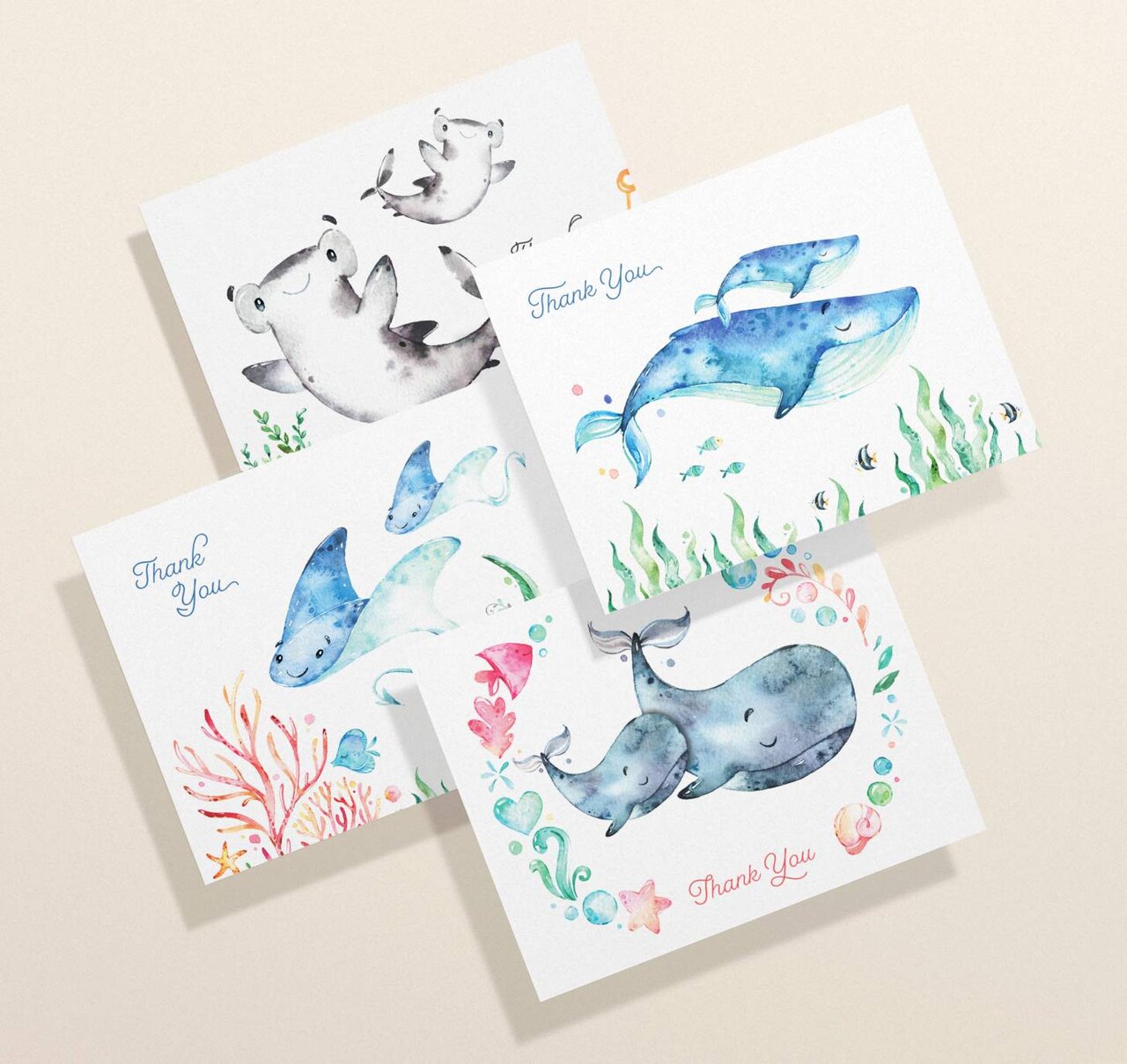Twigs Paper - Ocean Animal Thank You Cards 12-Count - Watercolor Sea Creature Note Cards with Envelopes - Baby Shower Thank You Cards - Eco-Friendly